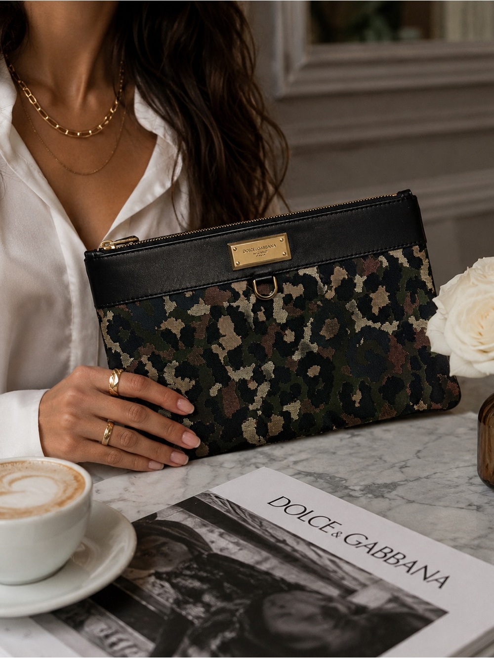Dolce & Gabbana Leopard Jacquard Leather Pouch Mixed Metal Hardware NWT